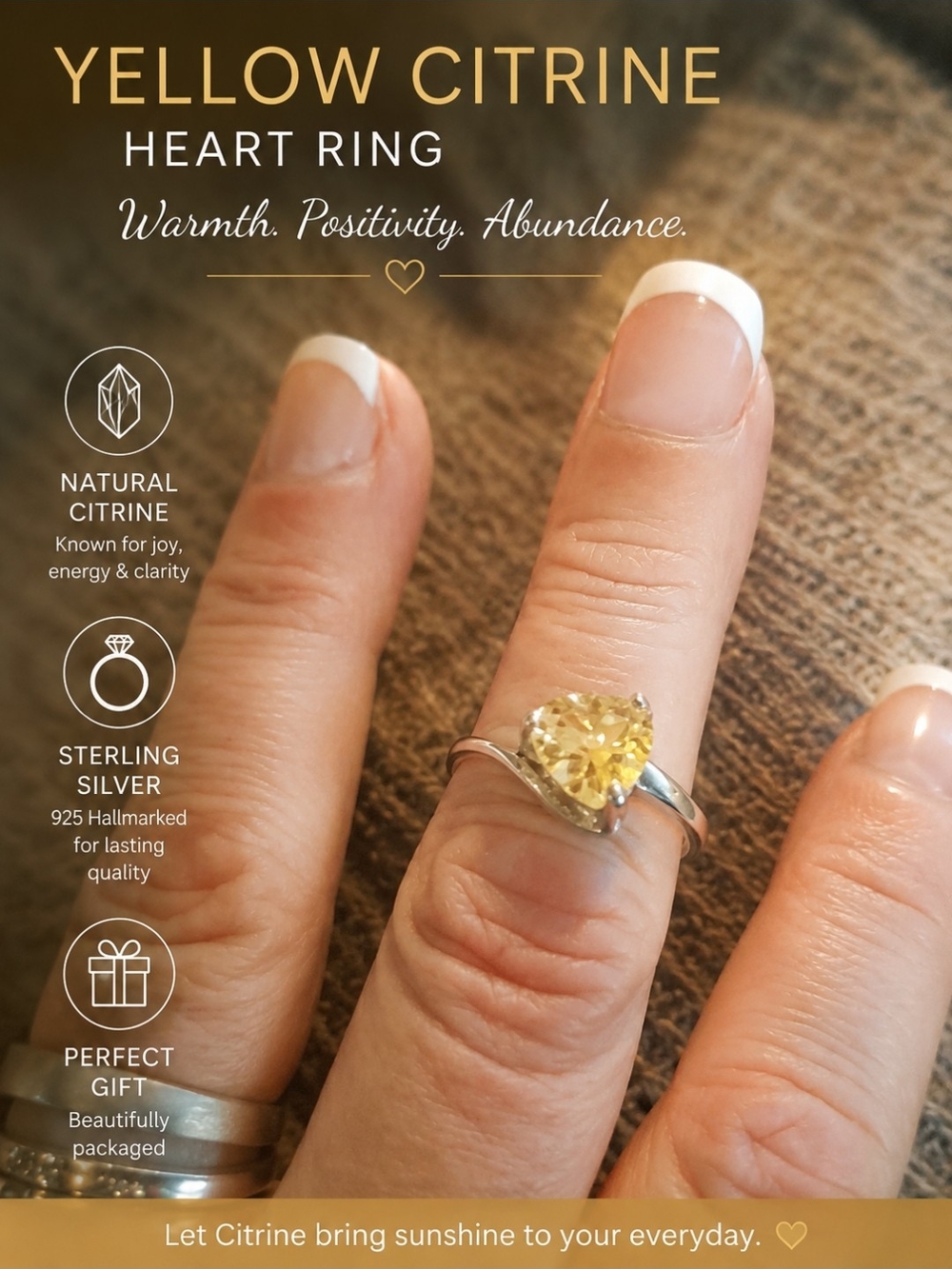 Yellow Citrine Heart Ring - Sterling Silver